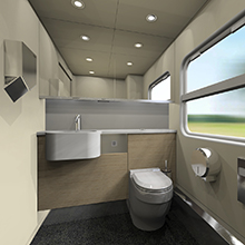 Toilet room of the intercity train EP3D for Kazakhstan Railways